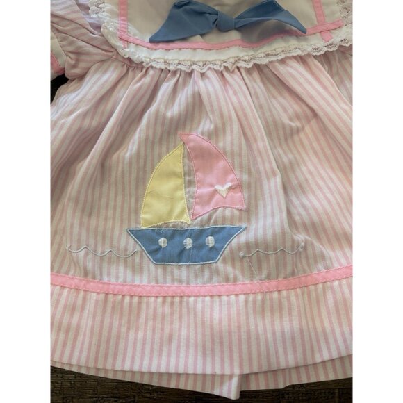 Vintage Pink Striped Baby Girl Dress Sail Boat Size 6-9 Months - Picture 4 of 7